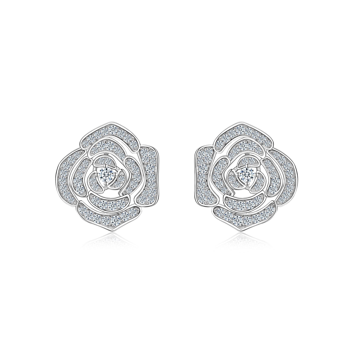 A Luxurious And Fashionable Flower Shaped Earring Set Featuring Top-quality Moissanite Stones, Made Of S925 Silver Electroplated With Platinum.