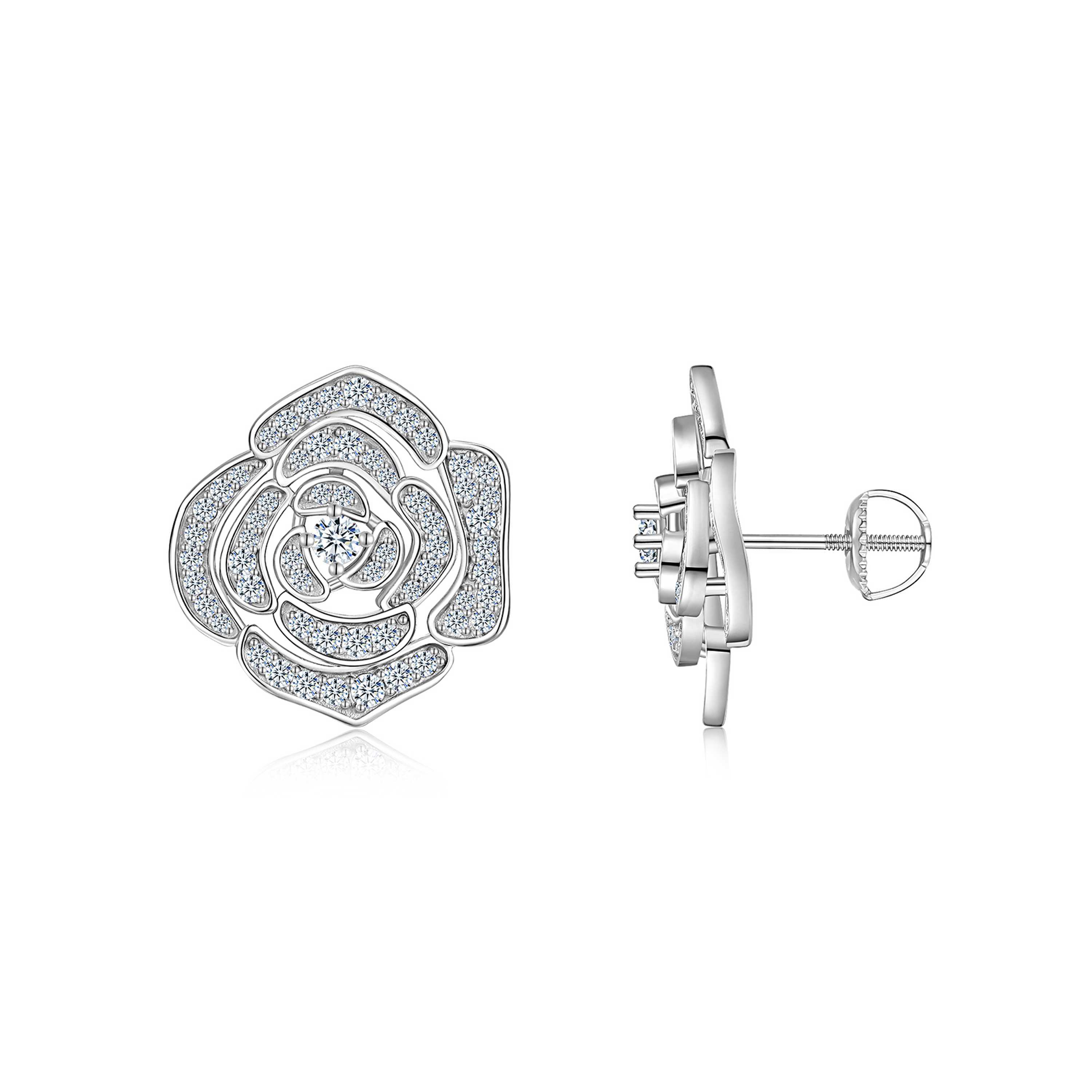 A Luxurious And Fashionable Flower Shaped Earring Set Featuring Top-quality Moissanite Stones, Made Of S925 Silver Electroplated With Platinum.