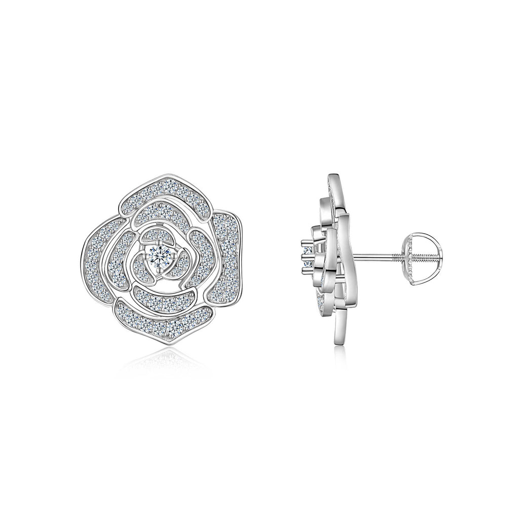 A Luxurious And Fashionable Flower Shaped Earring Set Featuring Top-quality Moissanite Stones, Made Of S925 Silver Electroplated With Platinum.