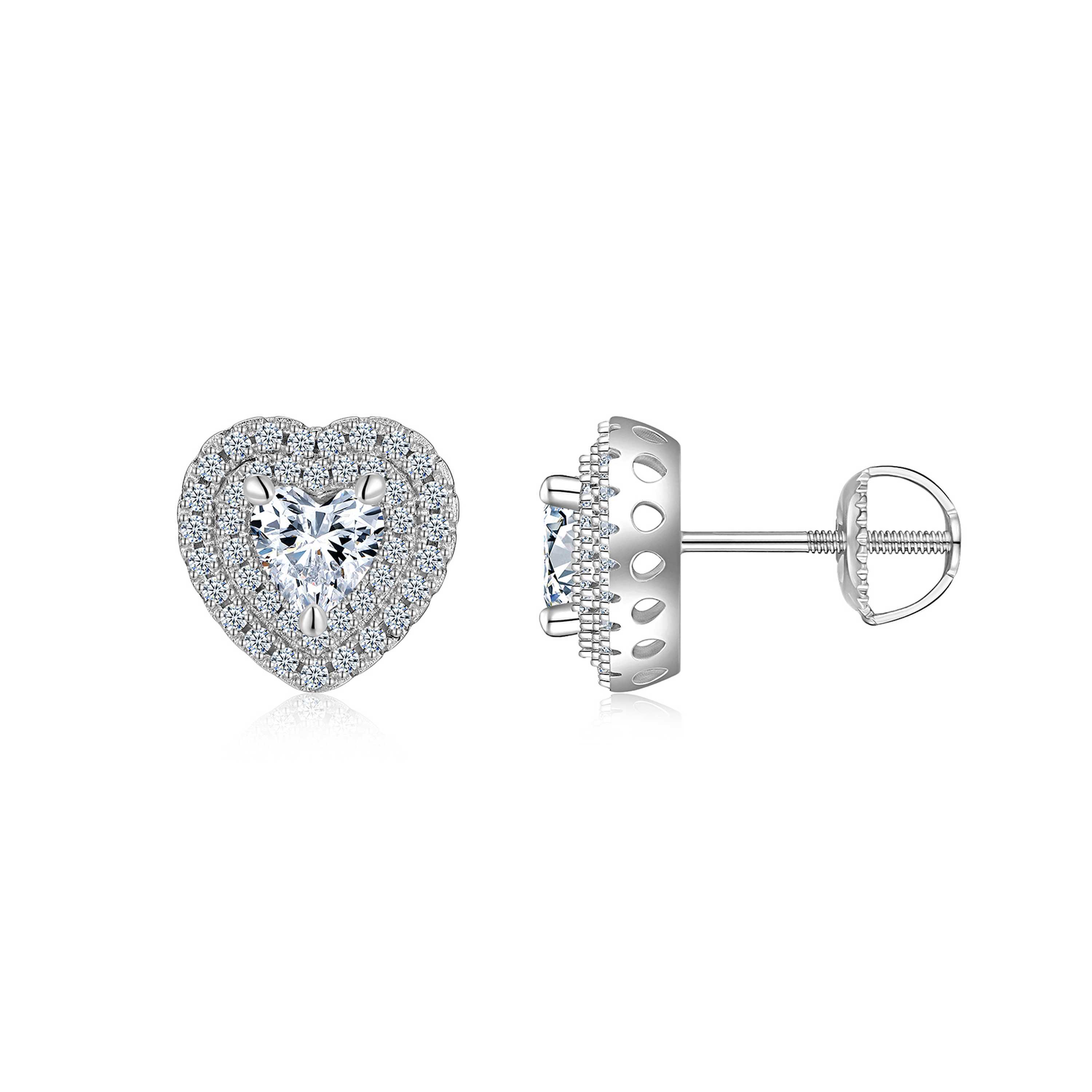A Luxurious And Fashionable Heart Shaped Earring Set Featuring Top-quality Moissanite Stones, Made Of S925 Silver Electroplated With Platinum.