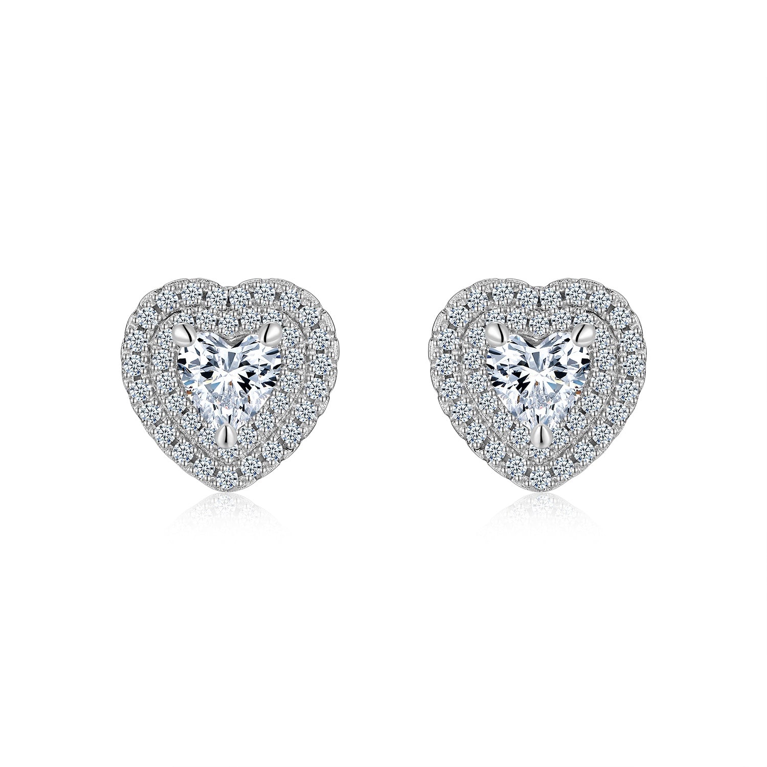 A Luxurious And Fashionable Heart Shaped Earring Set Featuring Top-quality Moissanite Stones, Made Of S925 Silver Electroplated With Platinum.